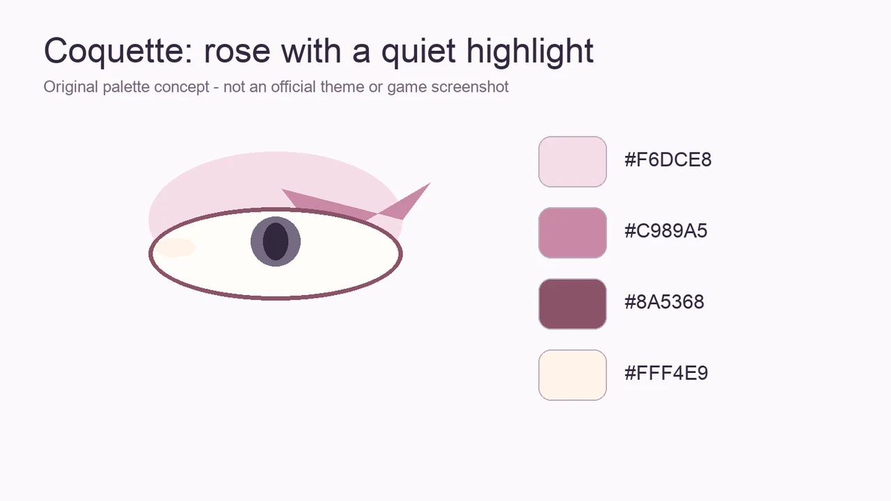 Makeup Mania Coquette palette diagram with an eye-color concept and four reference swatches