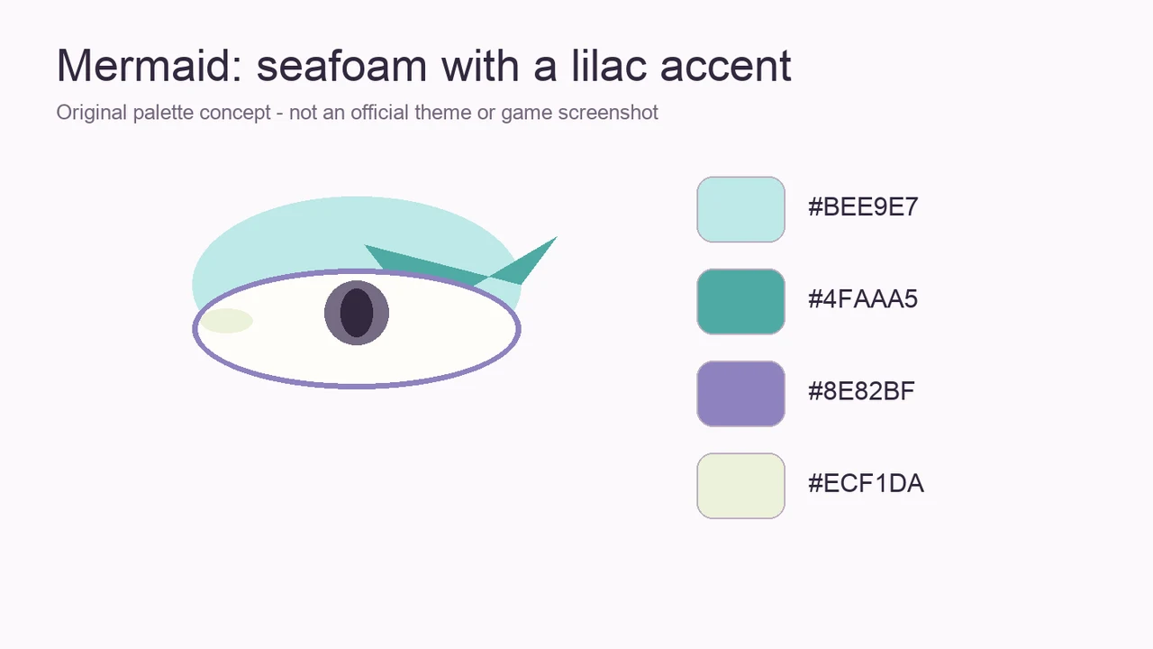 Makeup Mania Mermaid palette diagram with an eye-color concept and four reference swatches